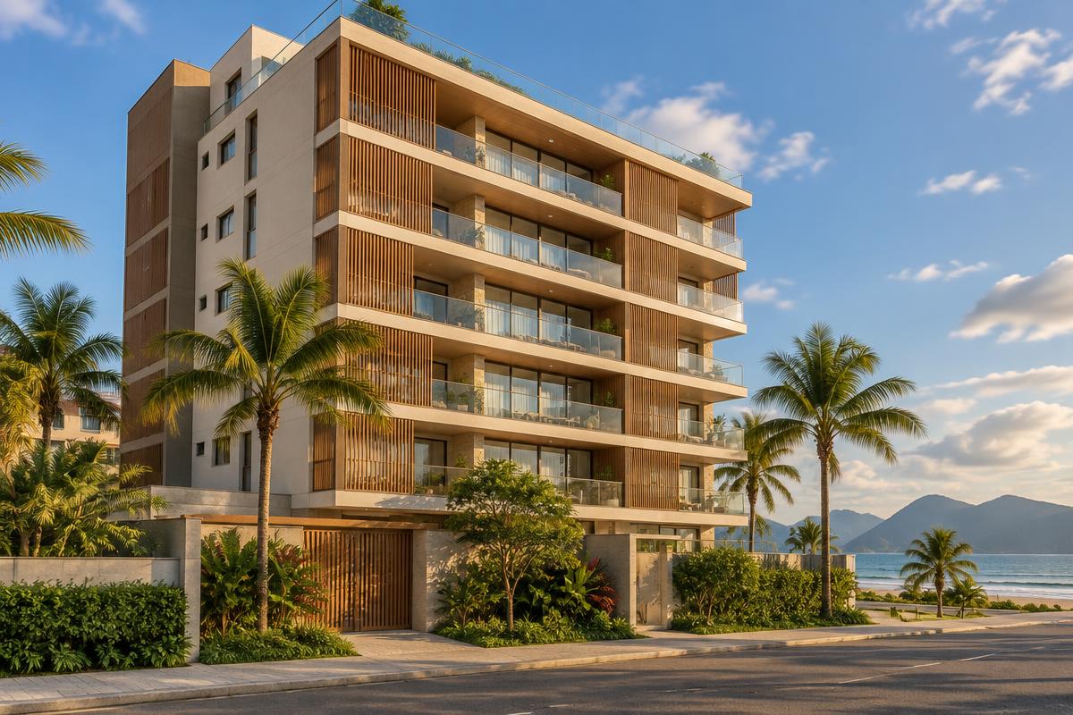 Prédio residencial moderno à beira-mar, com varandas de madeira e palmeiras na frente