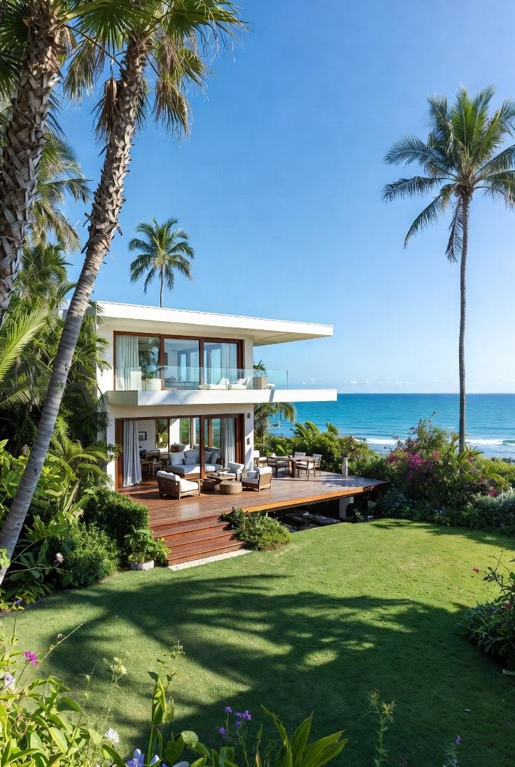 Casa à beira-mar com varanda, jardim e coqueiros