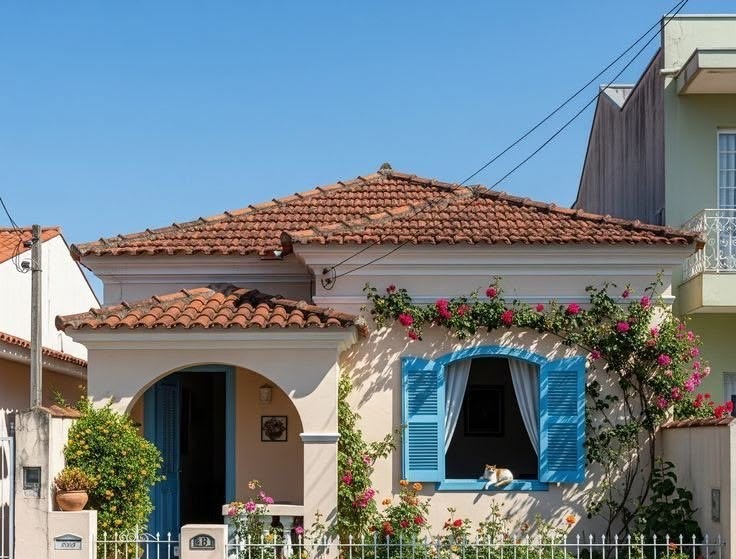 Casa térrea com telhado de telhas cerâmicas, janelas azuis e trepadeira florida na frente